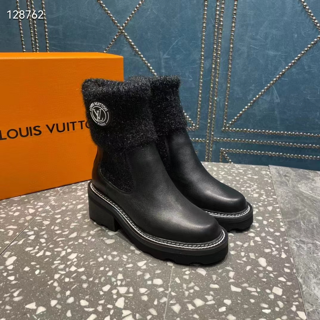 Louis Vuitton Women Shoes LV Beaubourg Ankle Boot Black Calf Leather Wool