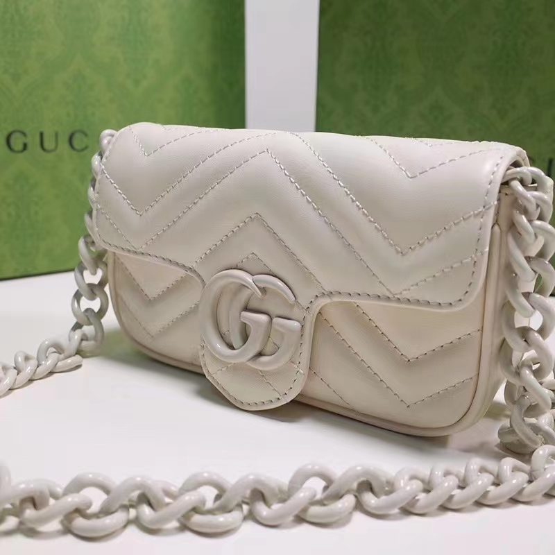 Gucci Women GG Marmont Belt Bag White Chevron Matelassé Leather Double G