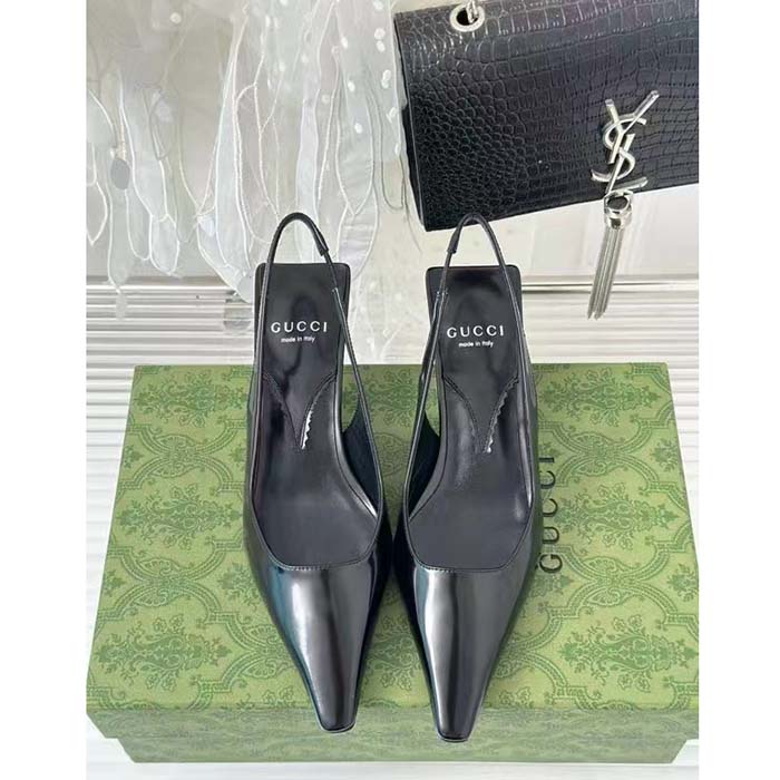 Gucci Women GG Slingback Pump Black Leather Interlocking G Square Upper Mid-Heel