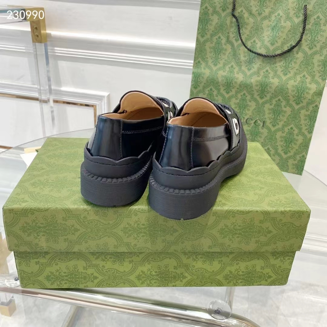 Gucci GG Women Gucci Loafer Black White Leather Scalloped Script Rubber Sole Mid-Heel