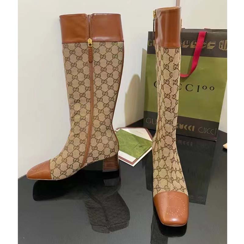 Gucci Blondie Women’s GG Knee-High Boot Beige Ebony Canvas Cuir Leather Low 5 Cm Heel