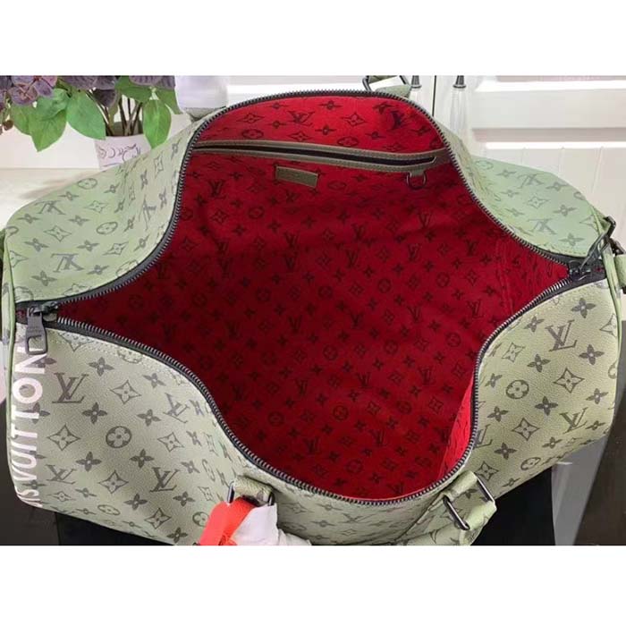 Louis Vuitton LV Unisex Keepall Bandoulière 45 Khaki Green Vermillion Red Monogram Coated Canvas