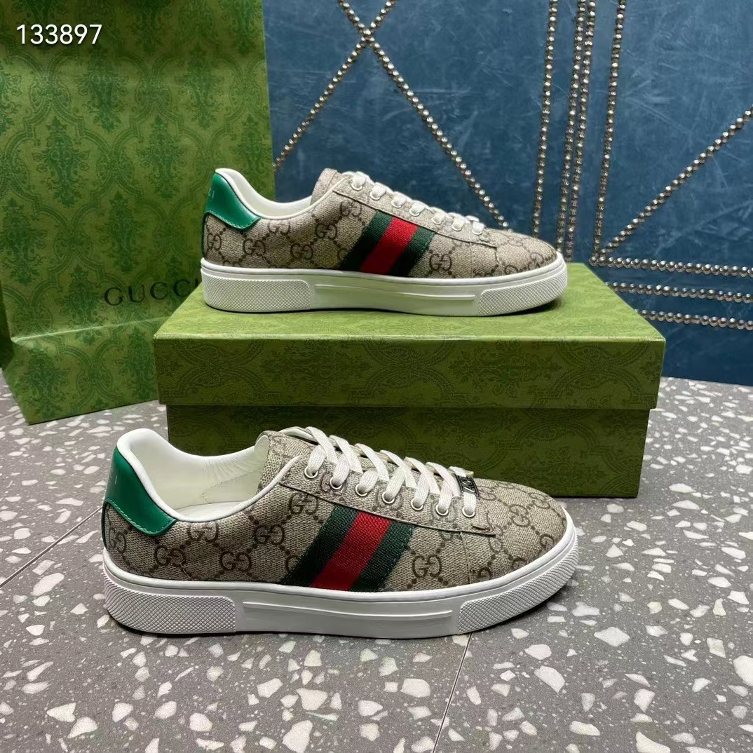 Gucci Unisex GG Ace Sneaker Web Beige Ebony GG Supreme Rubber Low-Heel