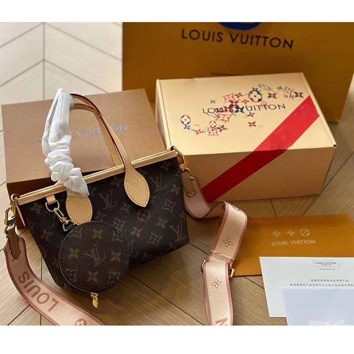Louis Vuitton LV Women Neverfull BB Peony Pink Monogram Coated Canvas Natural Cowhide Leather