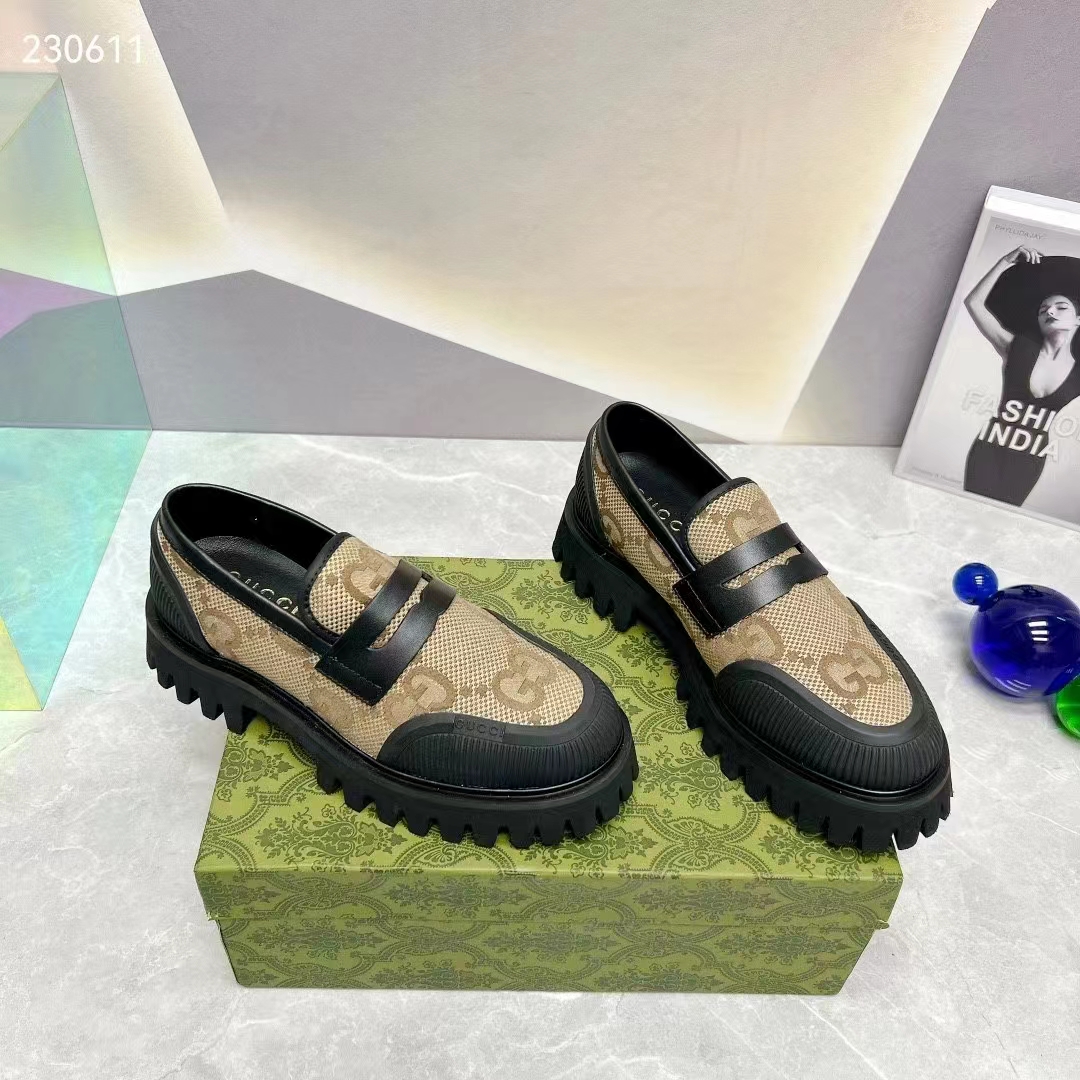 Gucci GG Unisex Maxi GG Loafer Camel Ebony Canvas Rubber EVA Sole Low-Heel