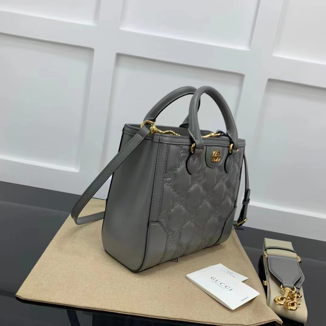 Gucci Women GG Matelassé Mini Top Handle Bag Dusty Grey Leather Double G
