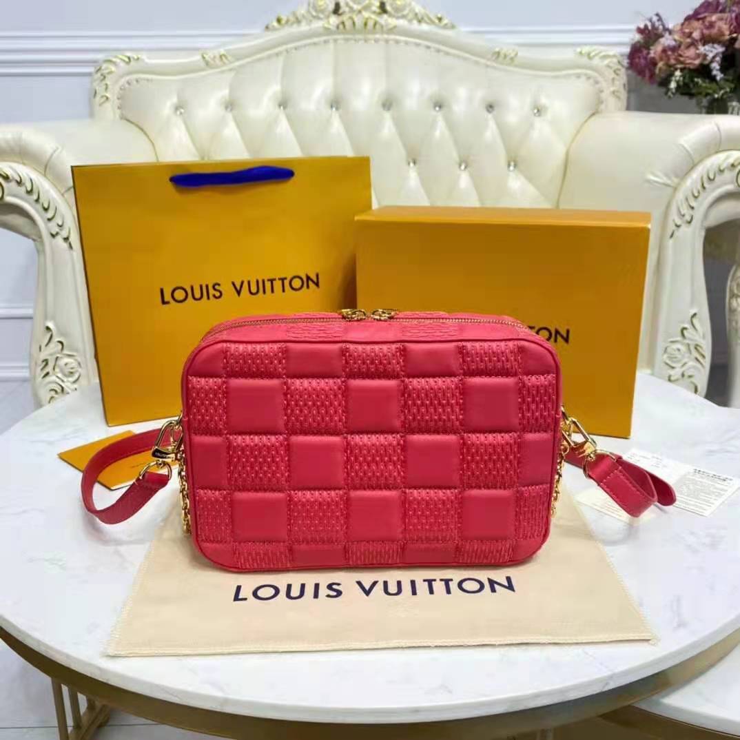 Louis Vuitton LV Women Troca PM Handbag Pink Damier Quilt Lambskin S-Lock Double Zip