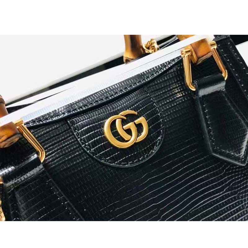 Gucci Women GG Diana Lizard Mini Bag Black Lizard Shiny Antique
