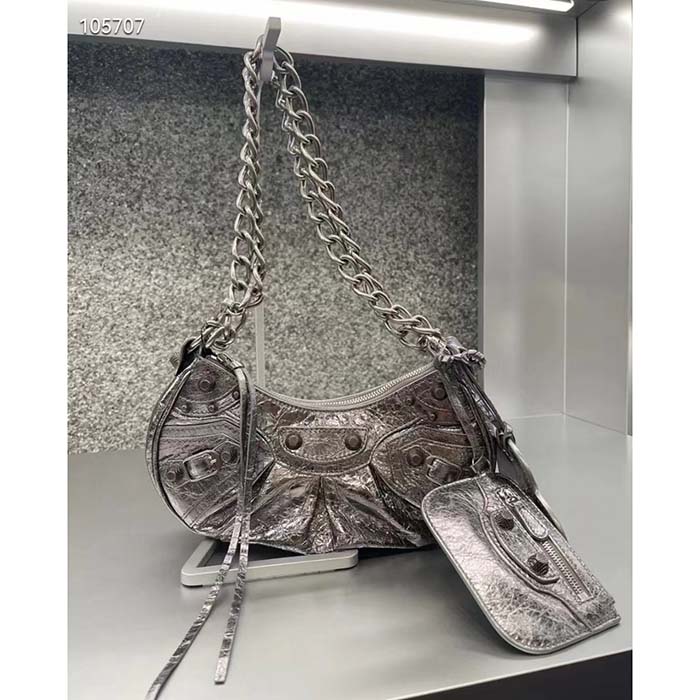 Balenciaga Women BB Le Cagole XS Shoulder Bag Silver Metallized Arena Lambskin