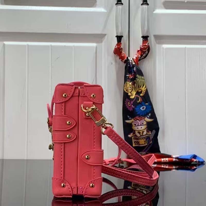 Louis Vuitton LV Women Petite Malle Handbag Fluo Pink Tufted Grained Calfskin Leather