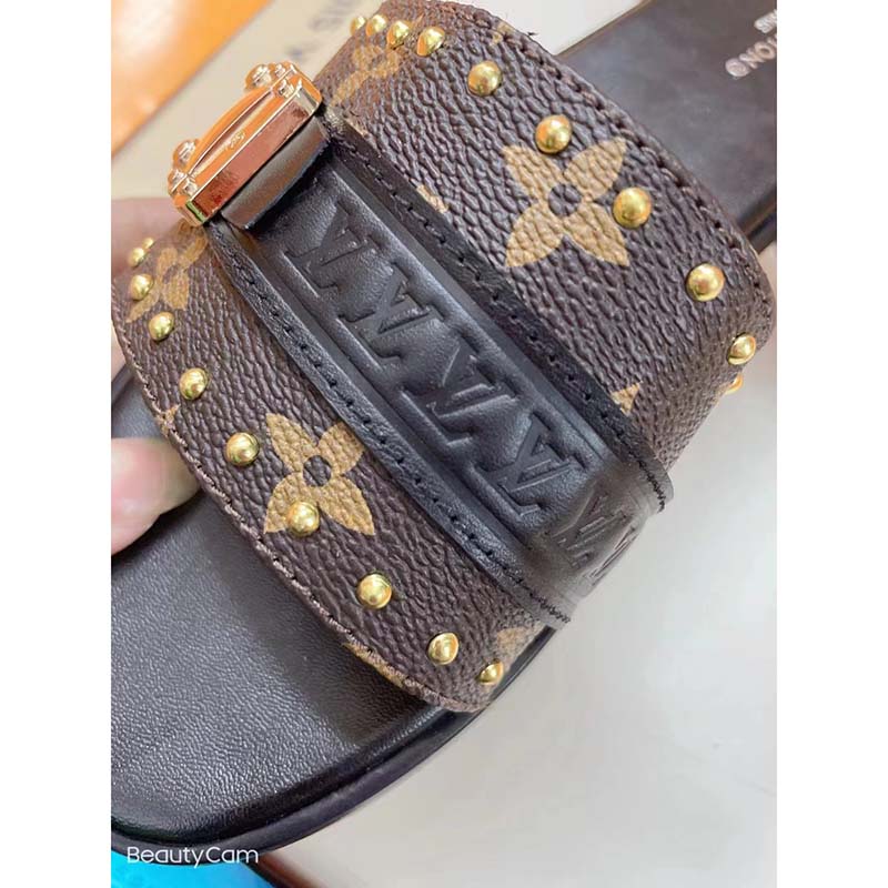 Louis Vuitton LV Women Lock It Flat Mule Black Patent Monogram Canvas