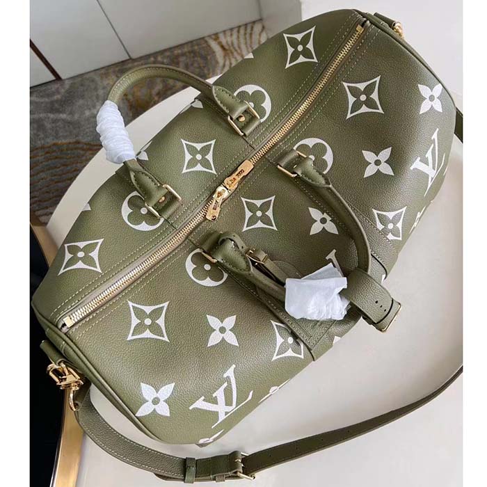 Louis Vuitton LV Unisex Keepall Bandoulière 45 Kaki Fango Cream Monogram Empreinte Embossed Cowhide Leather