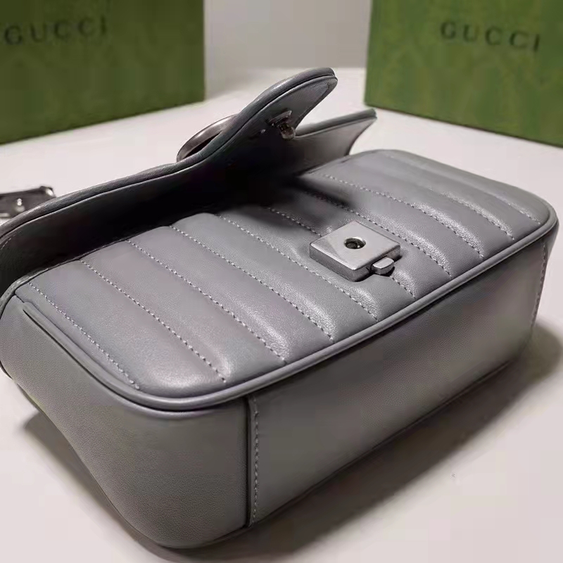 Gucci Women GG Marmont Small Shoulder Bag Grey Matelassé Leather Double G