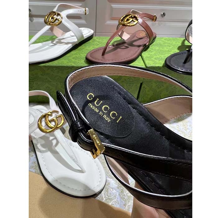 Gucci Women GG Double G Thong Sandal Black Leather Flat 0.5 CM Heel