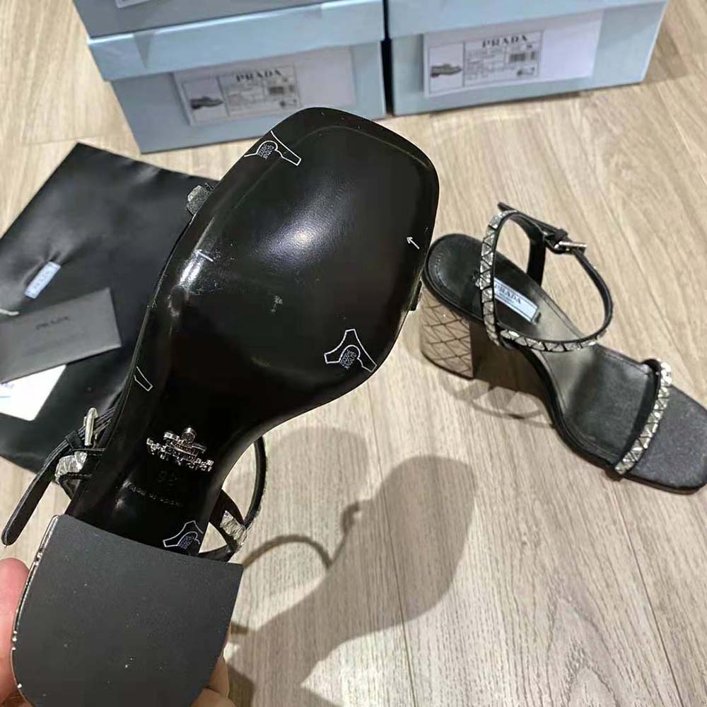 Prada Women Satin Sandals with Crystals in 90mm Heel Height-Black