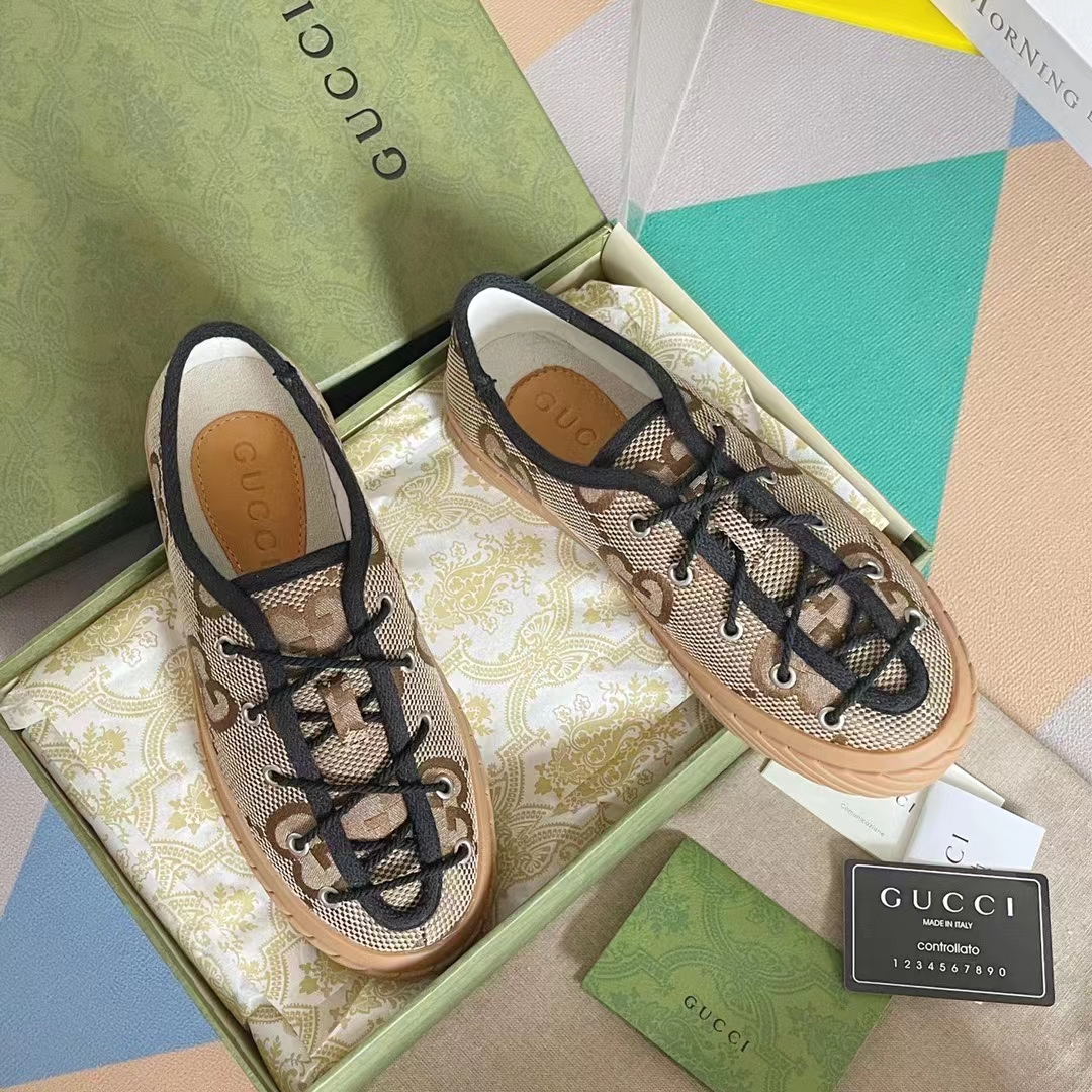 Gucci Unisex Maxi GG Sneaker Camel Ebony Canvas Rubber Sole Flat