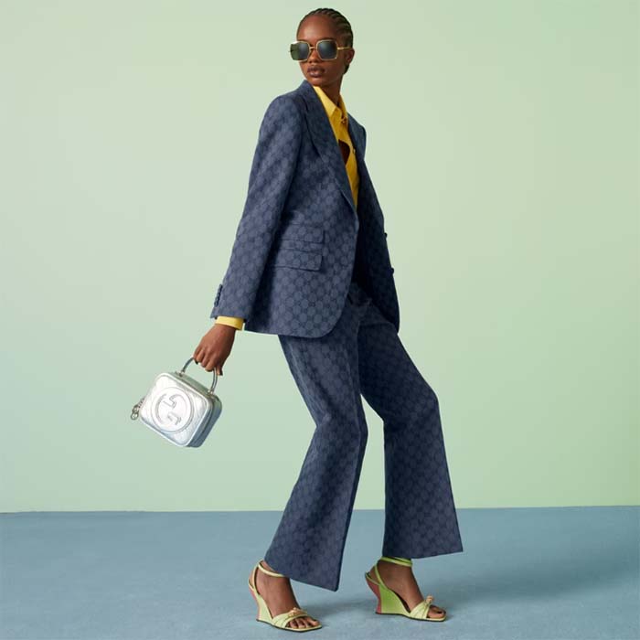 Gucci Women GG Blondie Top Handle Bag Metallic Silver Leather Round Interlocking G