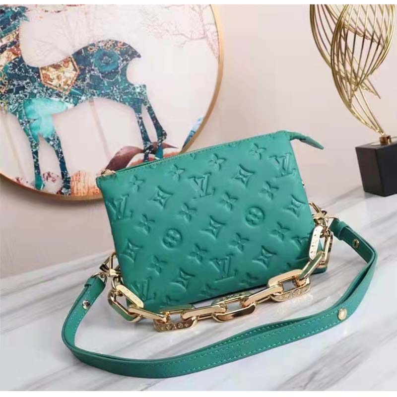 Louis Vuitton LV Women Coussin BB Handbag Emerald Monogram Embossed Puffy Lambskin