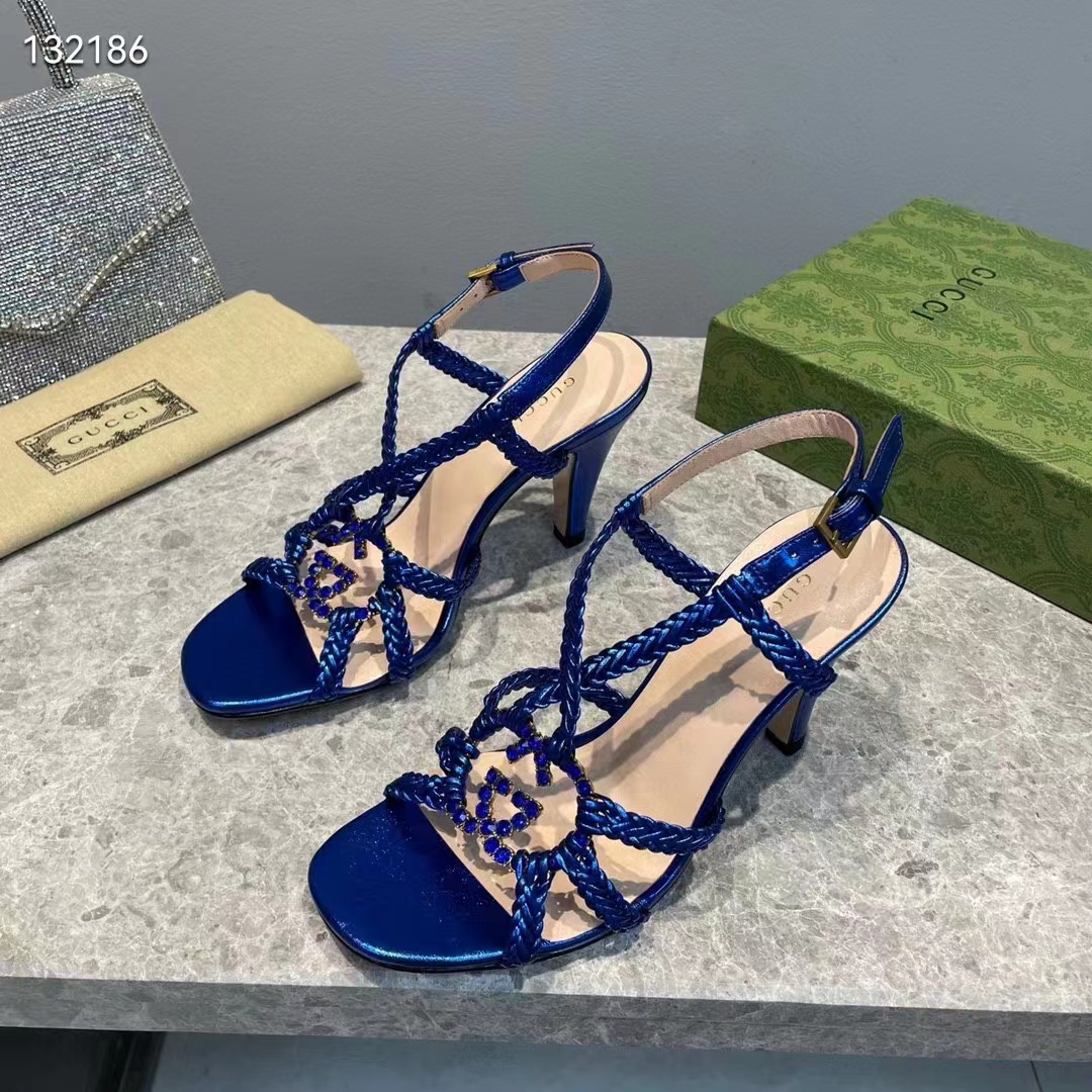 Gucci Women GG Cystal Interlocking G Sandal Blue Metallic Braided High 9 CM Heel