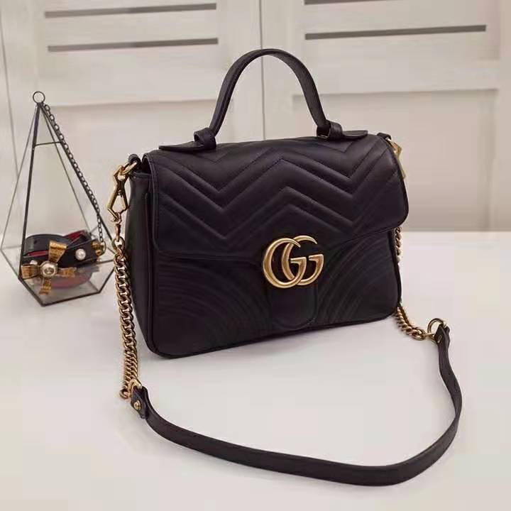 Gucci GG Women GG Marmont Small Top Handle Bag in Black Matelassé Chevron Leather
