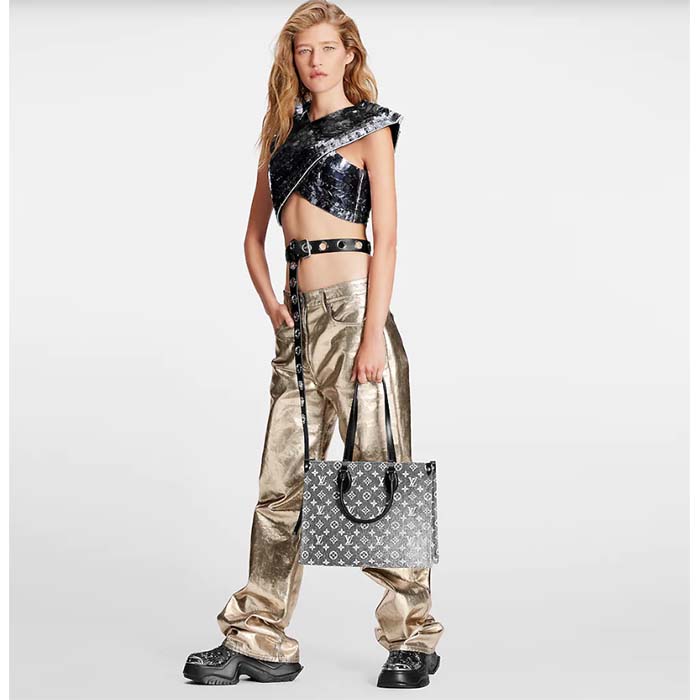 Louis Vuitton LV Women OnTheGo MM Tote Gray Denim Textile Jacquard