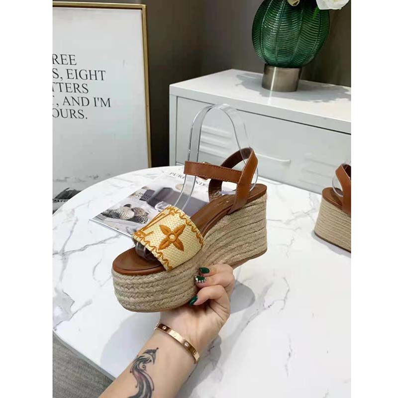 Louis Vuitton Women Boundary Wedge Sandal Raffia and Tan Calf Leather