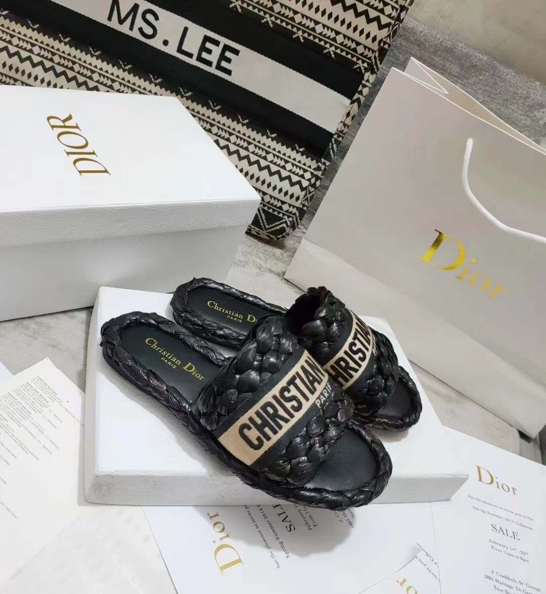 Dior Unisex CD Dway Slide Black Raffia Embroidered Cotton