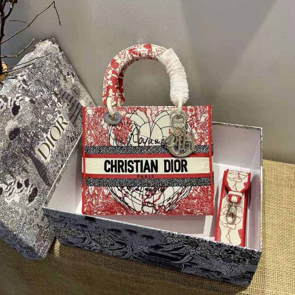 Dior Women Medium Lady D-lite Bag Red and White D-Royaume D Amour Embroidery