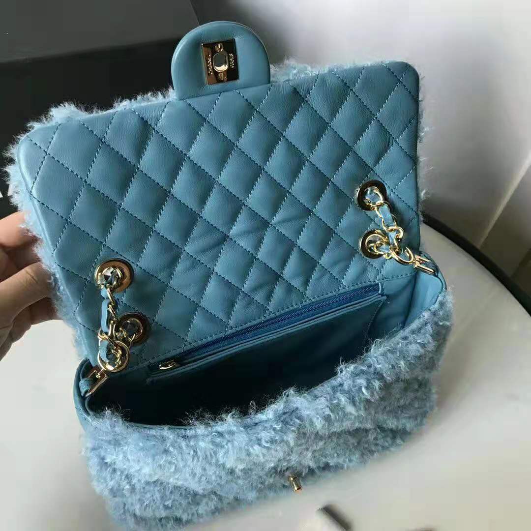 Chanel Women Flap Bag in Shearling Lambskin Leather-Blue