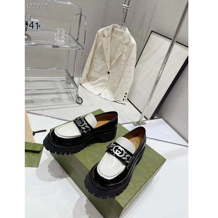 Gucci Women GG Interlocking G Chain Loafer Black White Leather Lug Rubber Sole Flat
