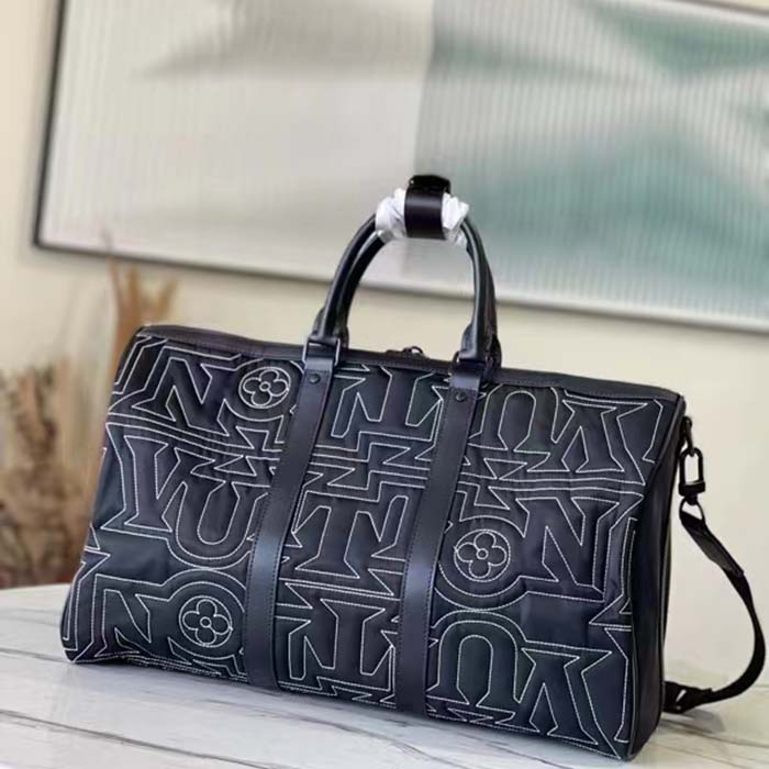 Louis Vuitton LV Unisex Keepall 50B Black Nylon Cowhide Leather Signature Embroidery