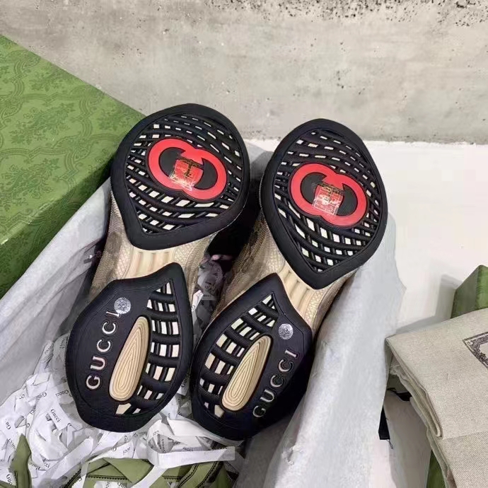 Gucci Unisex GG Run Sneaker Beige Ebony Leather GG Water Transfer Print