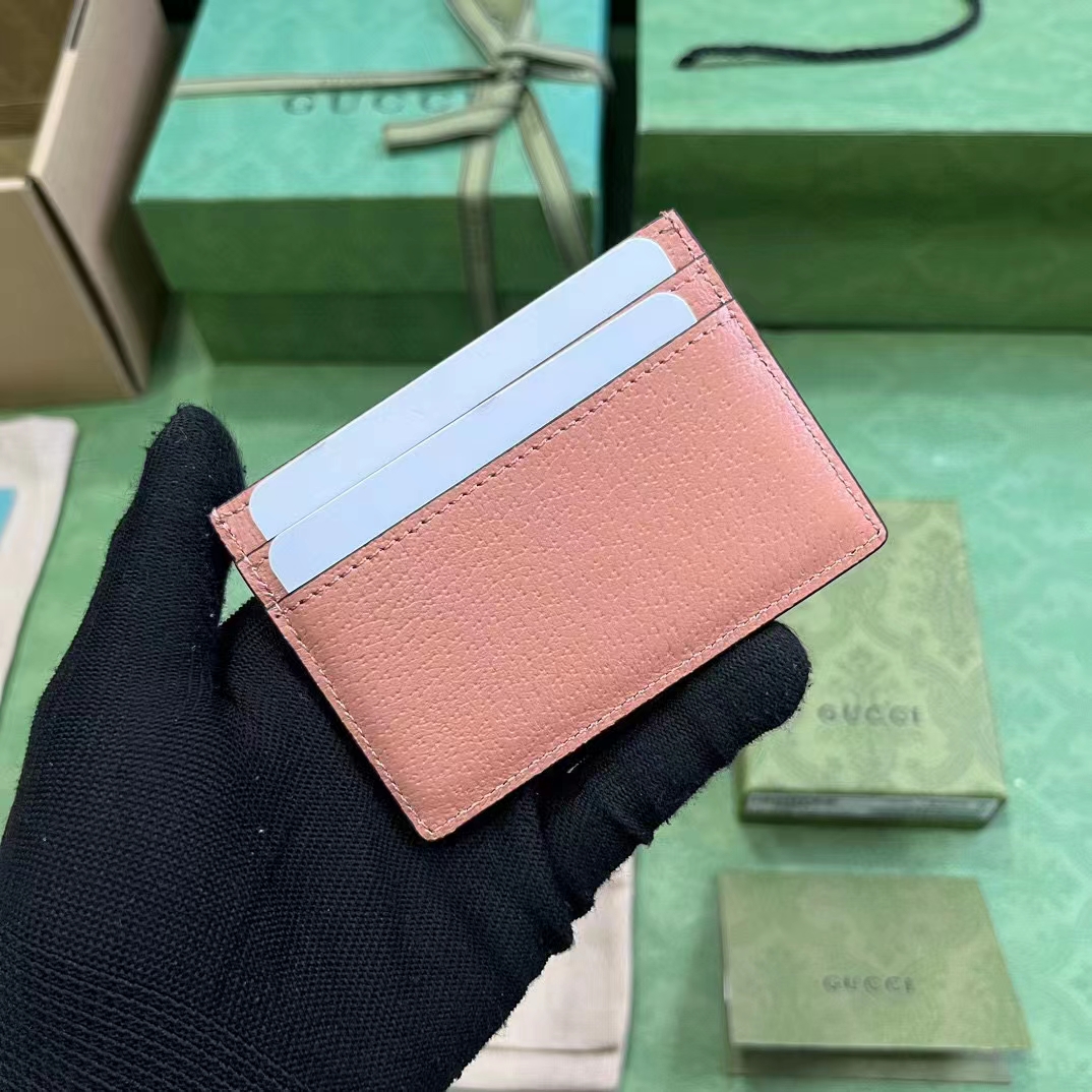 Gucci Unisex Ophidia GG Card Case Wallet Pink Canvas Leather Double G Four Card Slots