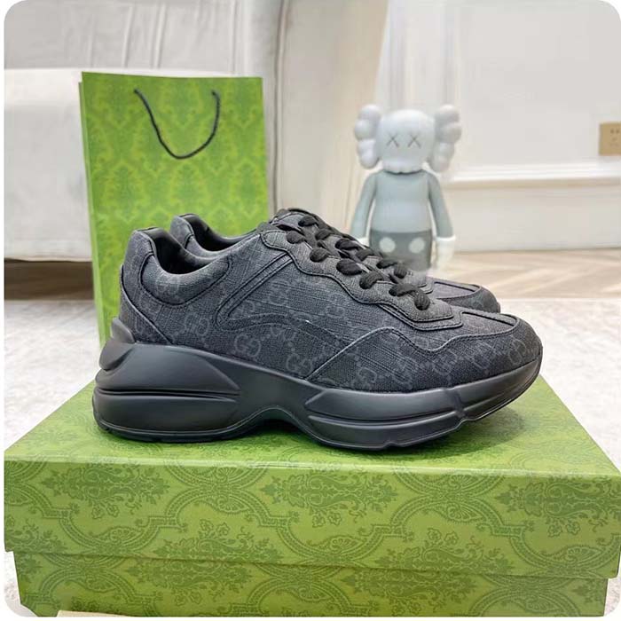 Gucci Unisex GG Rhyton Sneaker Black Supreme Canvas Rubber Lace-Up Mid Heel