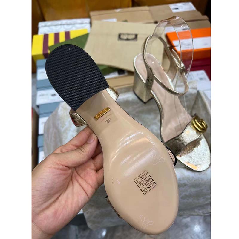 Gucci Women GG Metallic Laminate Leather Mid-Heel Sandal Double G 8 Cm Heel
