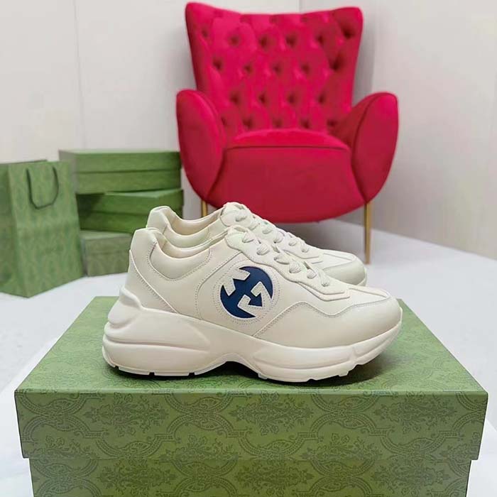 Gucci Unisex Interlocking G Rhyton Sneakers Ivory Leather Navy Cut-Out Rubber Sole