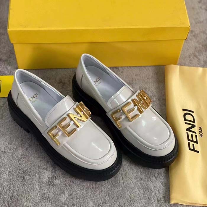 Fendi Women FF Fendigraphy White Leather Loafers 5 Cm Heel