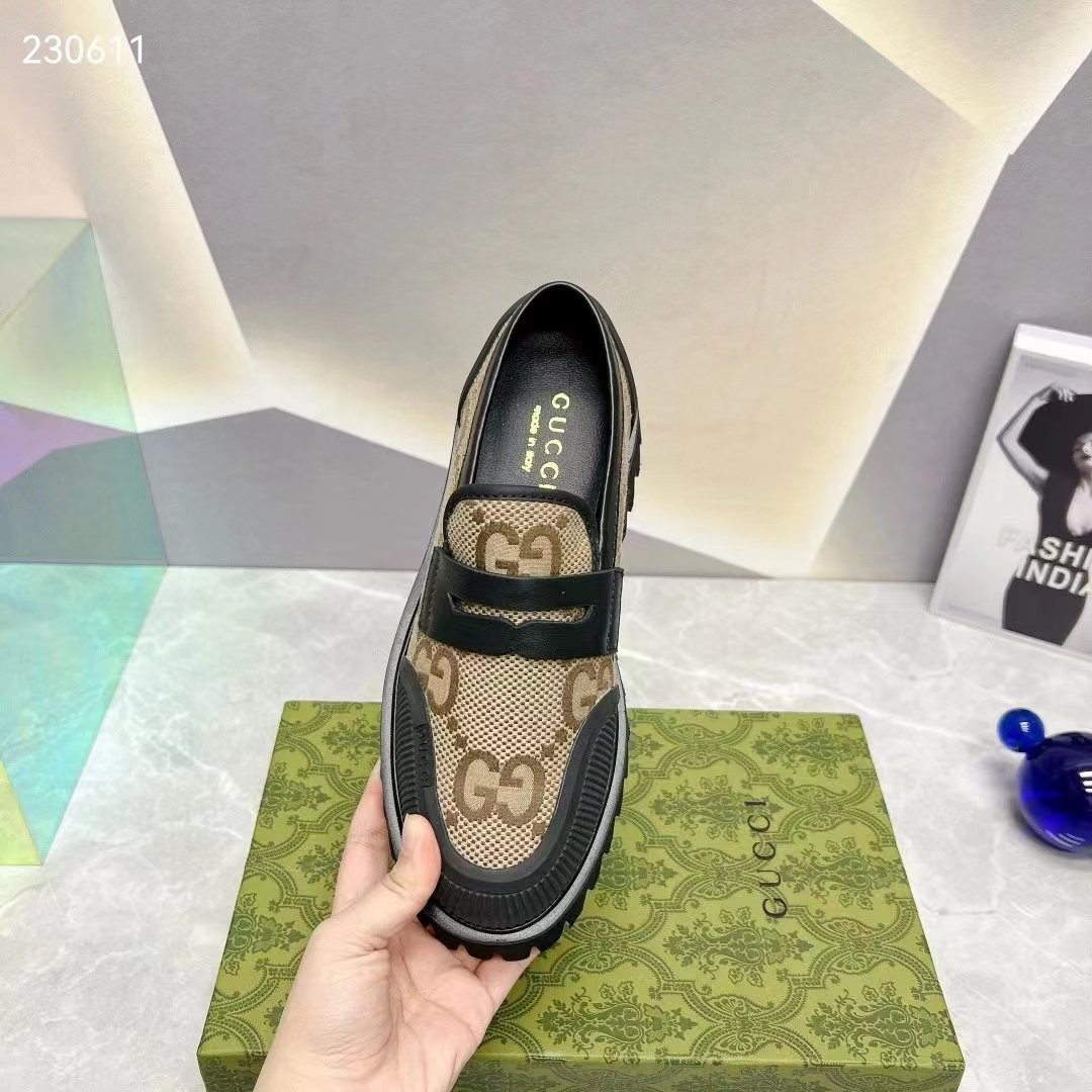 Gucci GG Unisex Maxi GG Loafer Camel Ebony Canvas Rubber EVA Sole Low-Heel