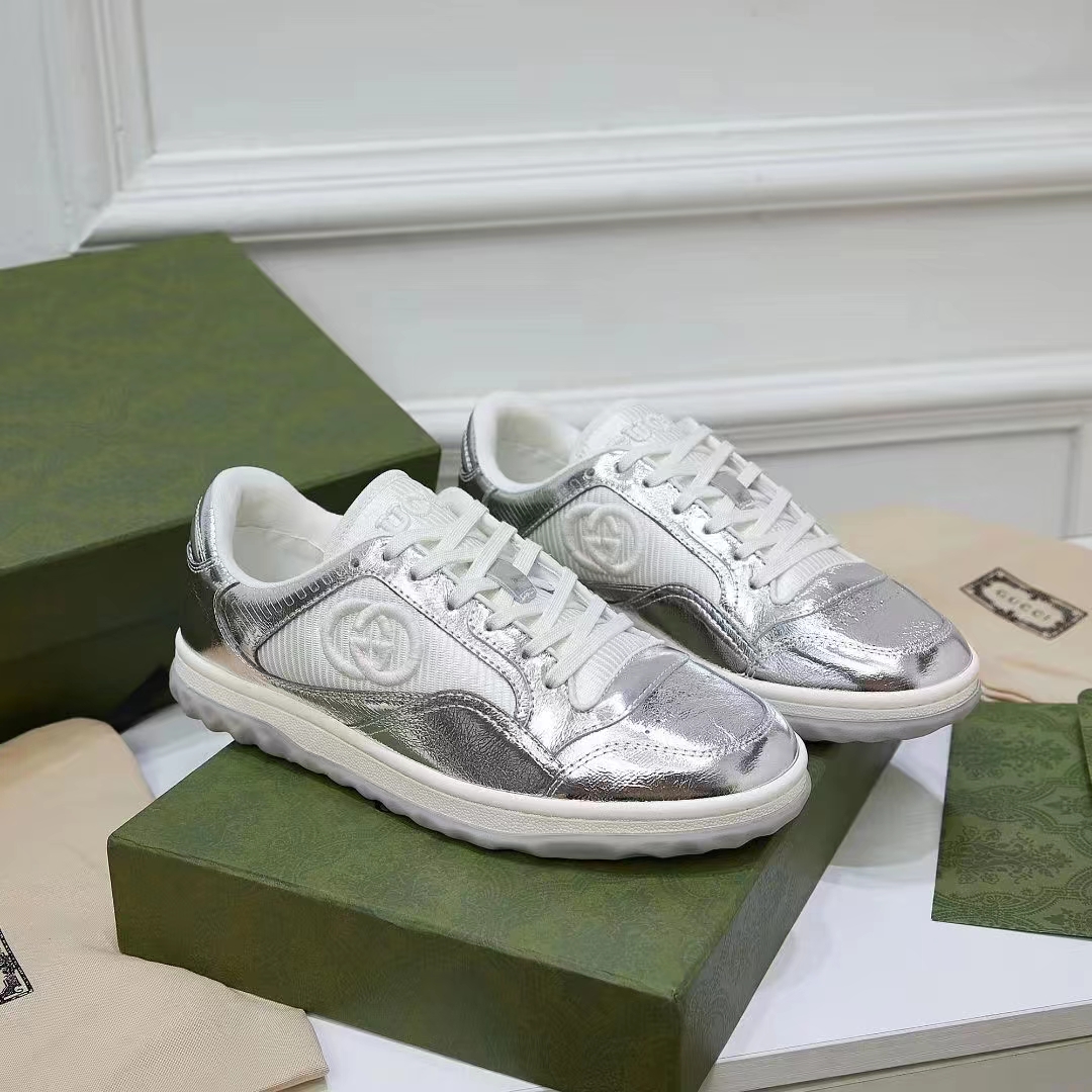 Gucci Unisex GG MAC80 Sneaker Metallic Silver Leather Round Toe Rubber Flat