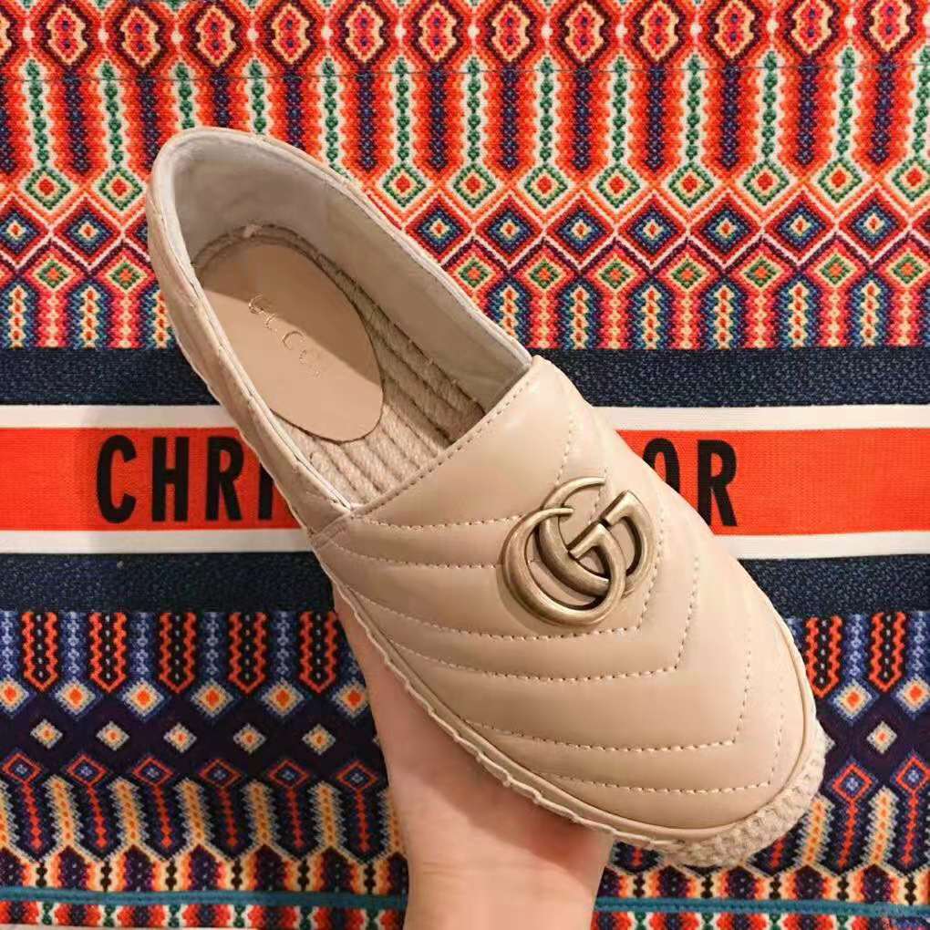Gucci Women Leather Espadrille with Double G in Matelassé Chevron Leather-Sandy