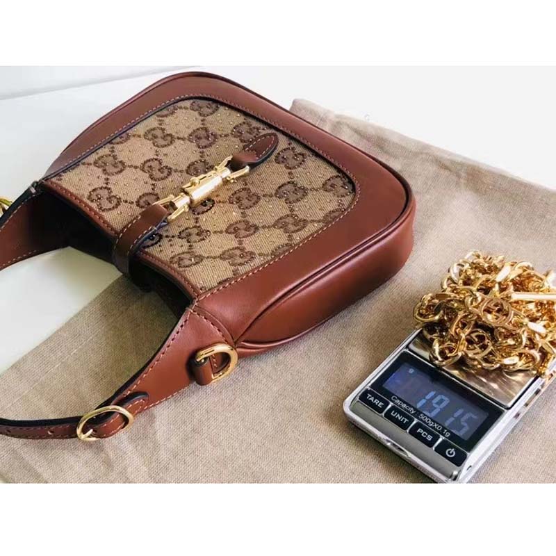 Gucci Women Jackie 1961 Mini GG Shoulder Bag Camel Ebony GG Canvas Crystals