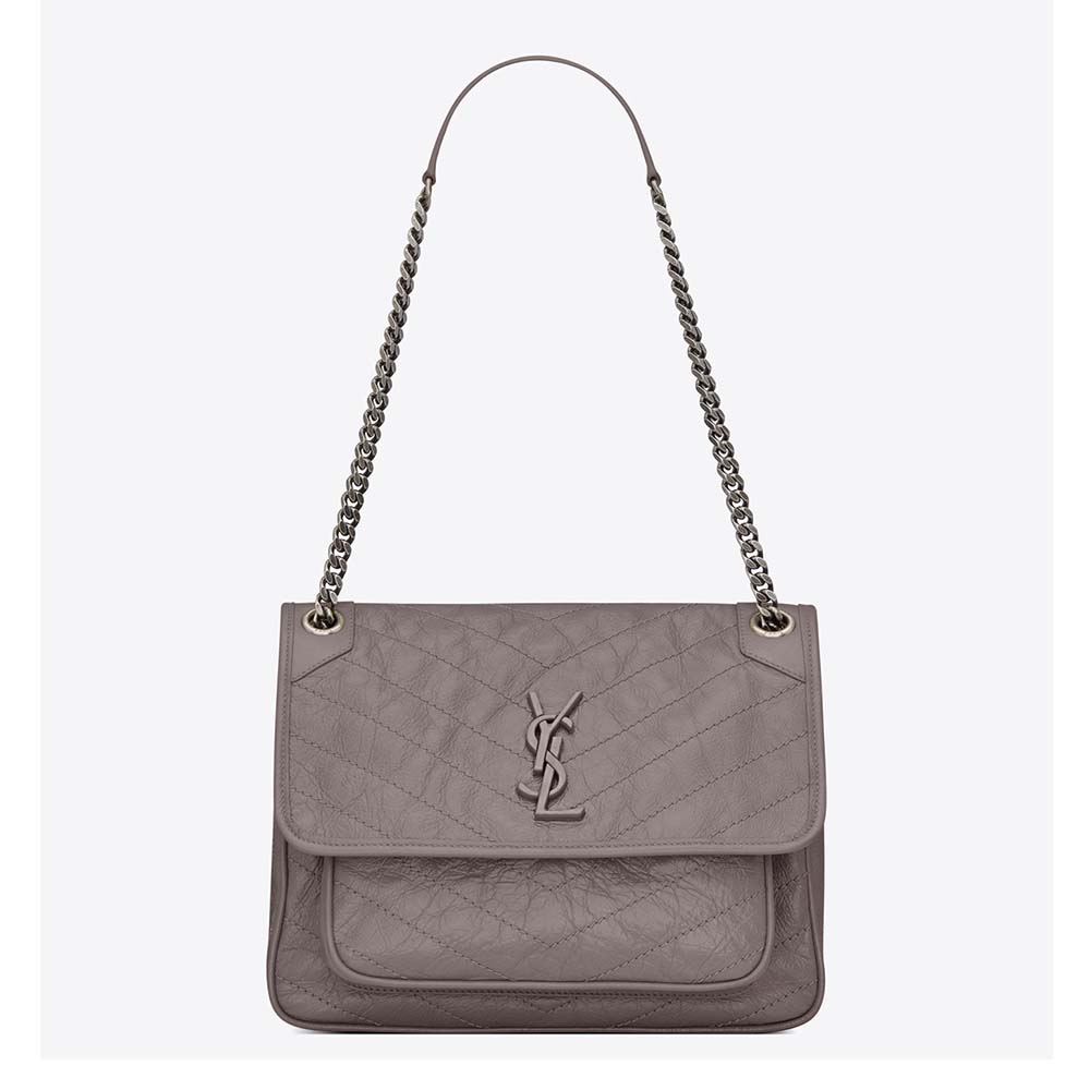 Saint Laurent YSL Women Medium Niki Chain Crinkled Quilted Fog