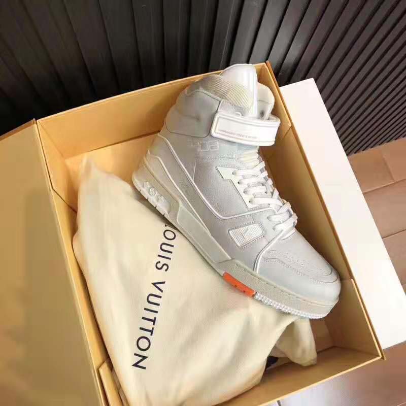 Louis Vuitton LV Unisex LV Trainer Sneaker Boot in Grained Calf Leather-White