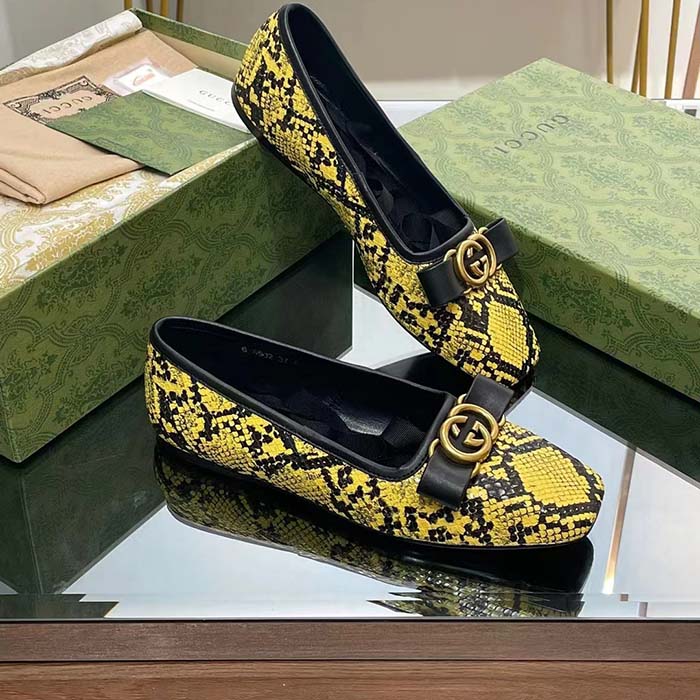 Gucci Women GG Python Ballet Flat Yellow Black Leather Interlocking G Black Leather Bow