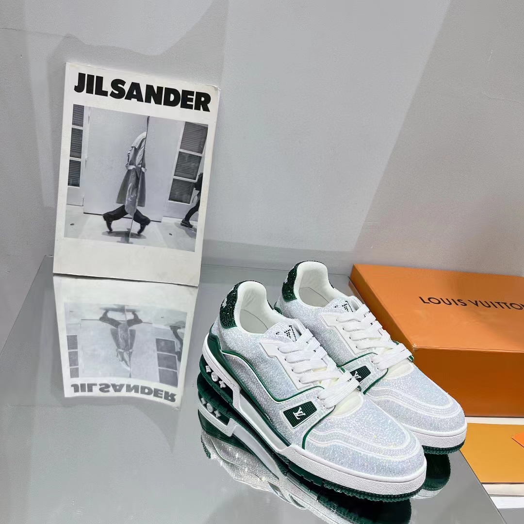 Louis Vuitton Unisex Trainer Sneaker Green Strass Rubber Outsole LV Initials Monogram Flowers