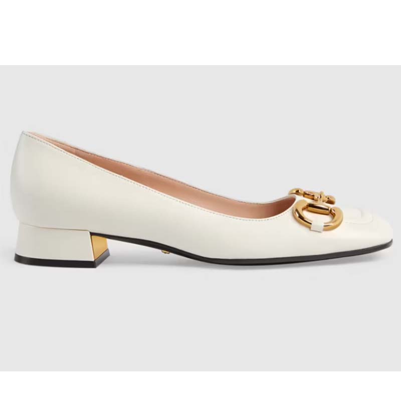 Gucci Women Ballet Flat Horsebit White Leather Low 2.5 cm Heel