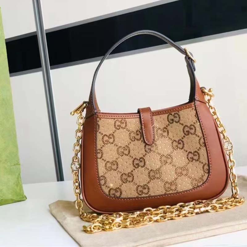 Gucci Women Jackie 1961 Mini GG Shoulder Bag Camel Ebony GG Canvas Crystals