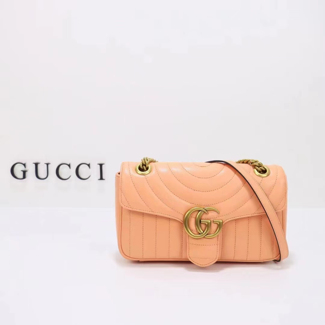 Gucci Women GG Marmont Small Shoulder Bag Peach Matelassé Round Vertical Matelassé Leather