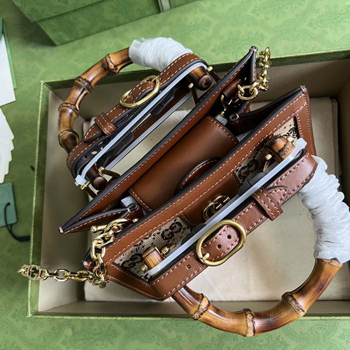 Gucci Women Diana Mini Tote Bag Camel Ebony GG Canvas Crystals Double G