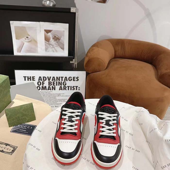 Gucci GG Unisex MAC80 Sneaker Black Red Leather White Fabric Interlocking G Embroidery Round Toe Rubber